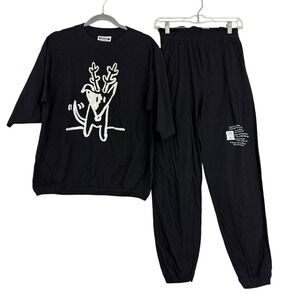 Fido Dido Pajama Set Unisex Medium Black Reindeer‎ Graphic Vintage 80s Snoozwear